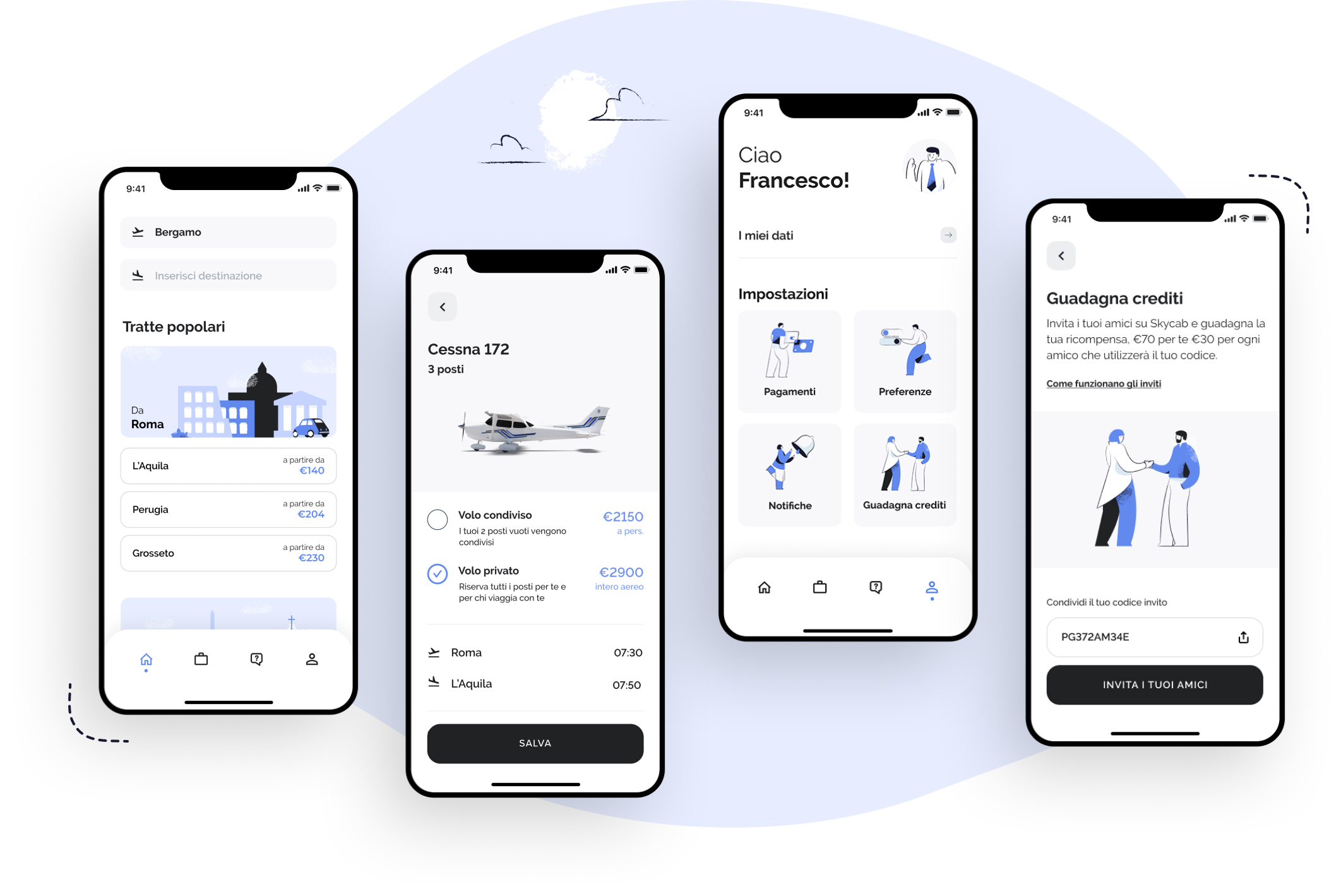 skycab main screens UI overview
