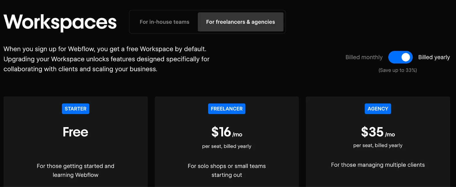 Webflow freelancers workspaces pricing